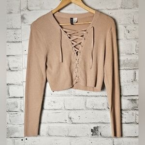 H&M Divided Lace-Up Ribbed Cropped Sweater Beige Long Sleeve Size Large
